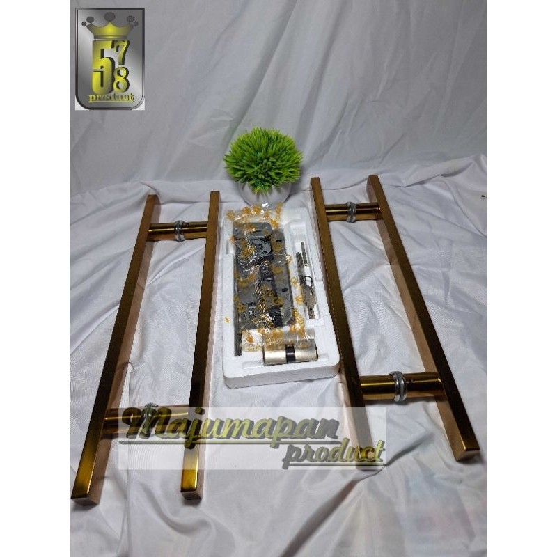1set(4biji)plus kunci handle pintu rumah minimalis motif kaki tembus full kuning emas 33cm 45cm 60cm