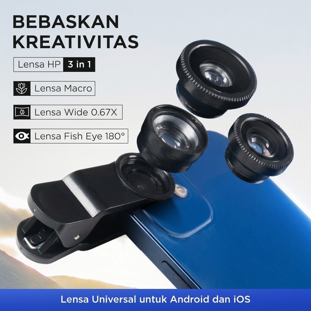 TaffSTUDIO Clip On Lens Lensa HP 3in1 Fisheye Macro Wide Kamera Smartphone