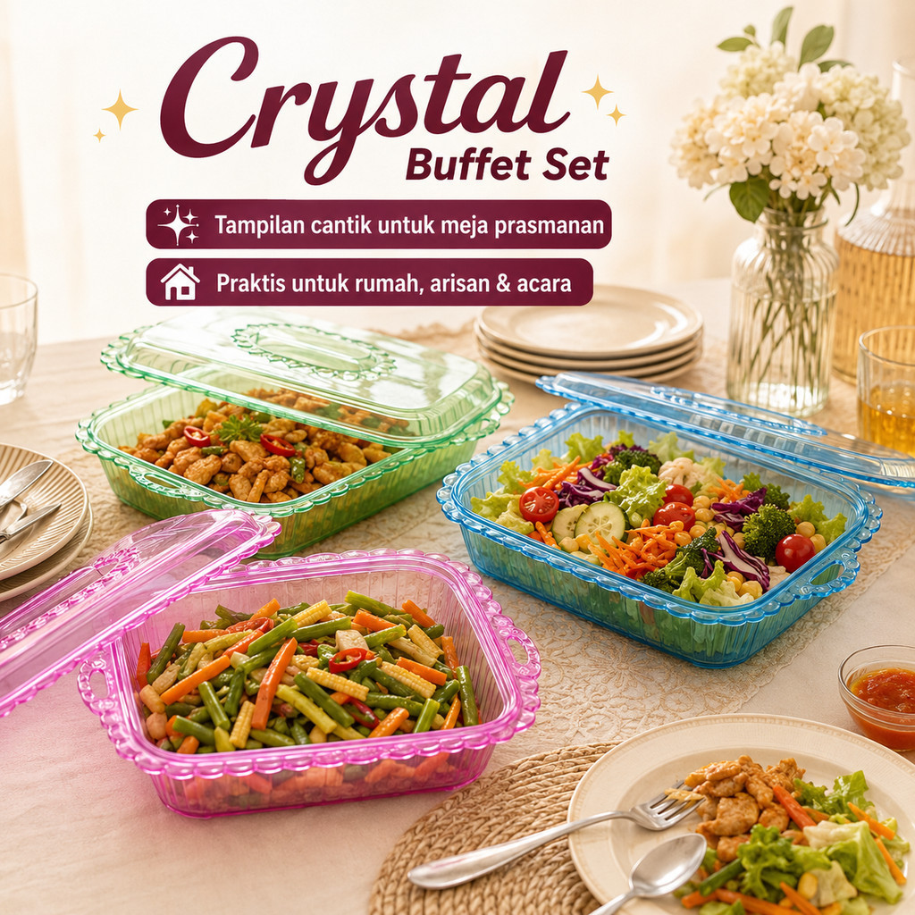 Latopia_ Basi Prasmanan Set Tutup Bening Tempat Sayur Transparan Wadah Lauk Besar Crystal Buffet Set