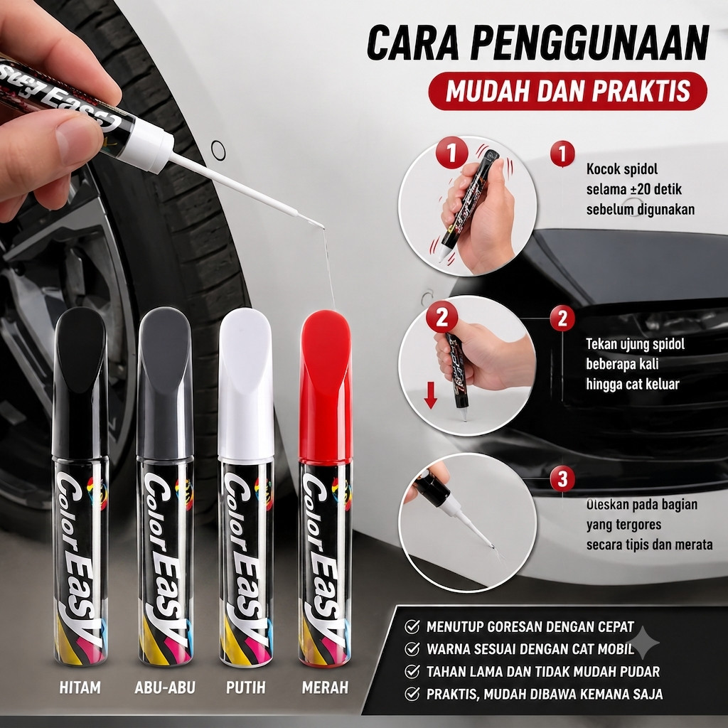 Color Easy Touch up Paint Pen Cat Spidol Penghilang Penutup Baret Lecet Tergores Mobil Motor Car Paint Pen diy Car Paint damage Scratch Repair Pulpen Dan Kuas 12ml Hitam Putih Silver Biru Merah Cat Oles Body Motor Mobil Permanen Coloreasy TouchUpPen