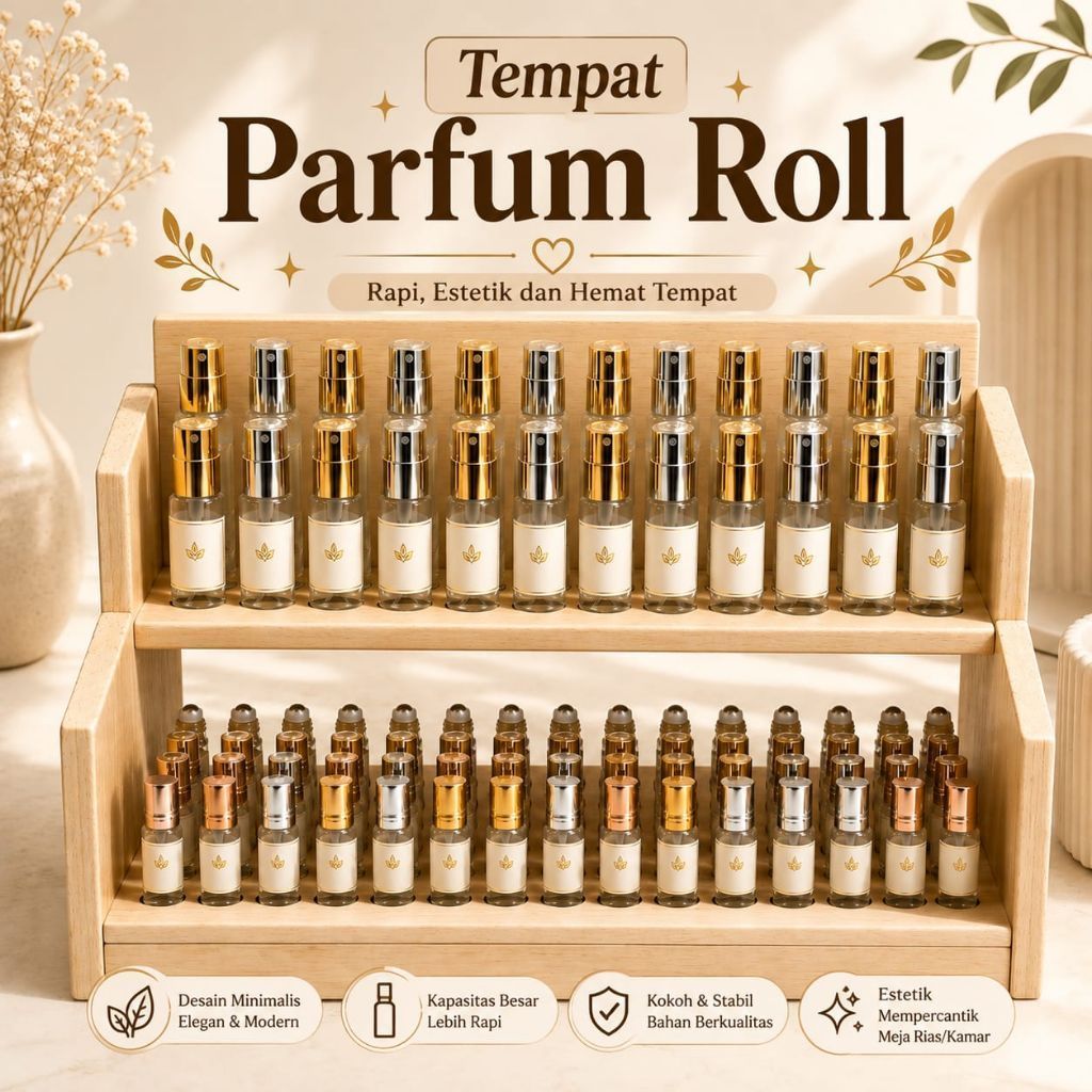[GS] Rak Parfum Kayu Minimalis 2 Tingkat / Display Stand Botol Parfum Roll On & Essential Oil Meja R