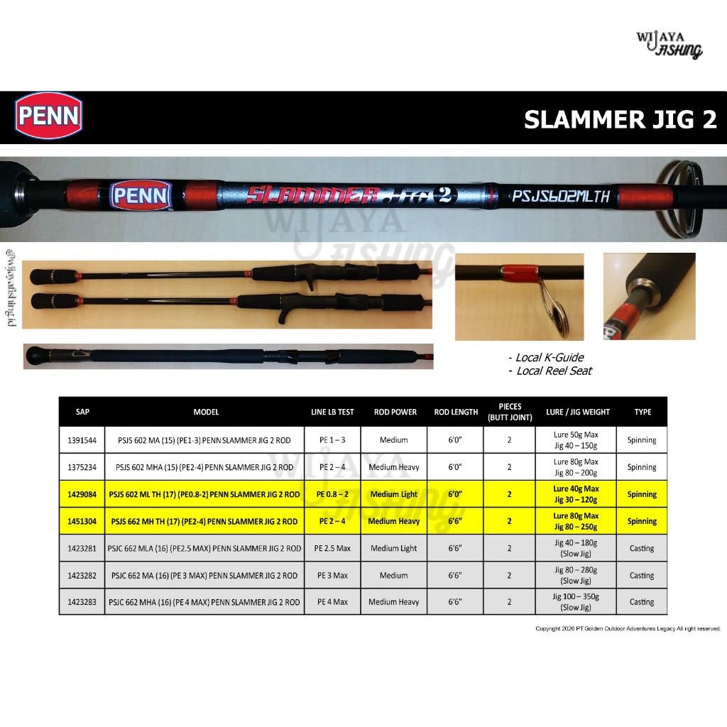 WF Joran Pancing PENN Slammer Jig 2 C662ML PE 2.5 PE 3 Overhead Jigging Slow Jigging Wijaya Fishing