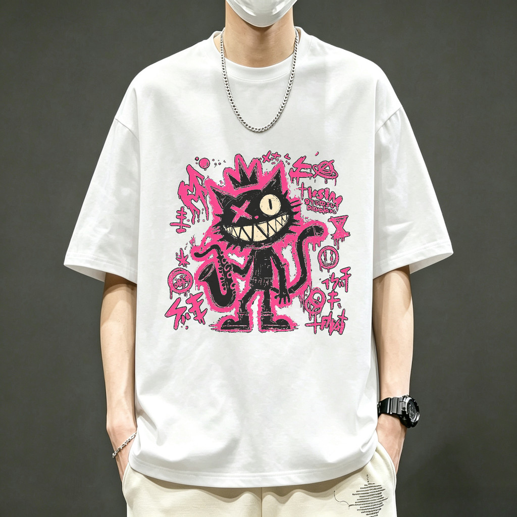 Kaos Pria Kaos Band Kaos Lengan Pendek Motif Kucing Graffiti Pink Bermain Saxophone Tampil Unik Gaya