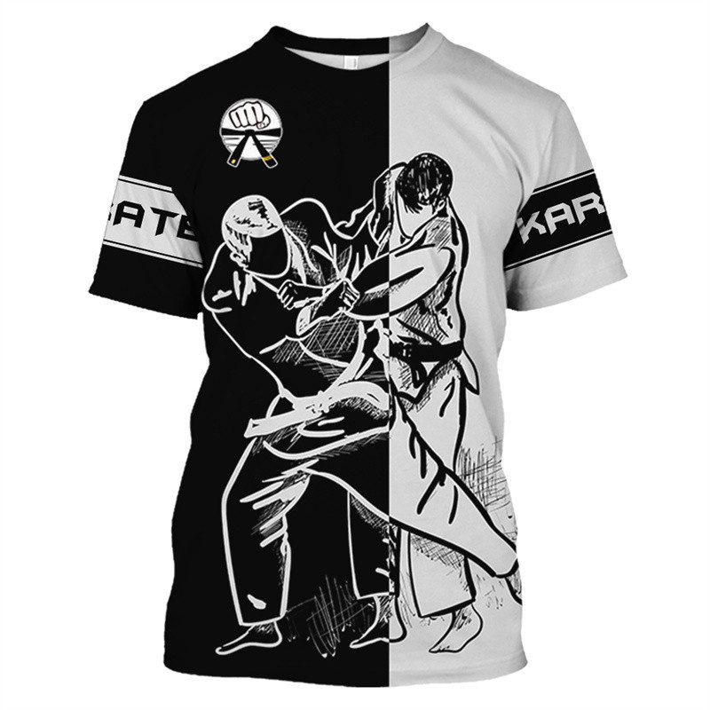 Kaos latihan Jepang untuk pria, motif karate, kaos oversized, lengan pendek, pakaian olahraga berkua