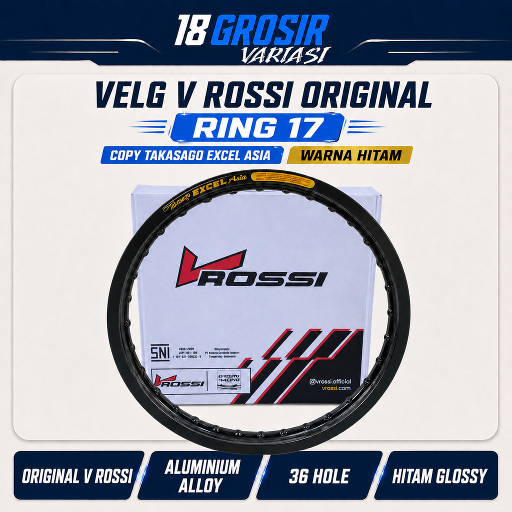 1 BIJI || VELG V ROSSI RING 17 FREE CUSTOM STICKER TAKASAGO EXCEL ASIA UKURAN 140/160 HITAM GLOSSY