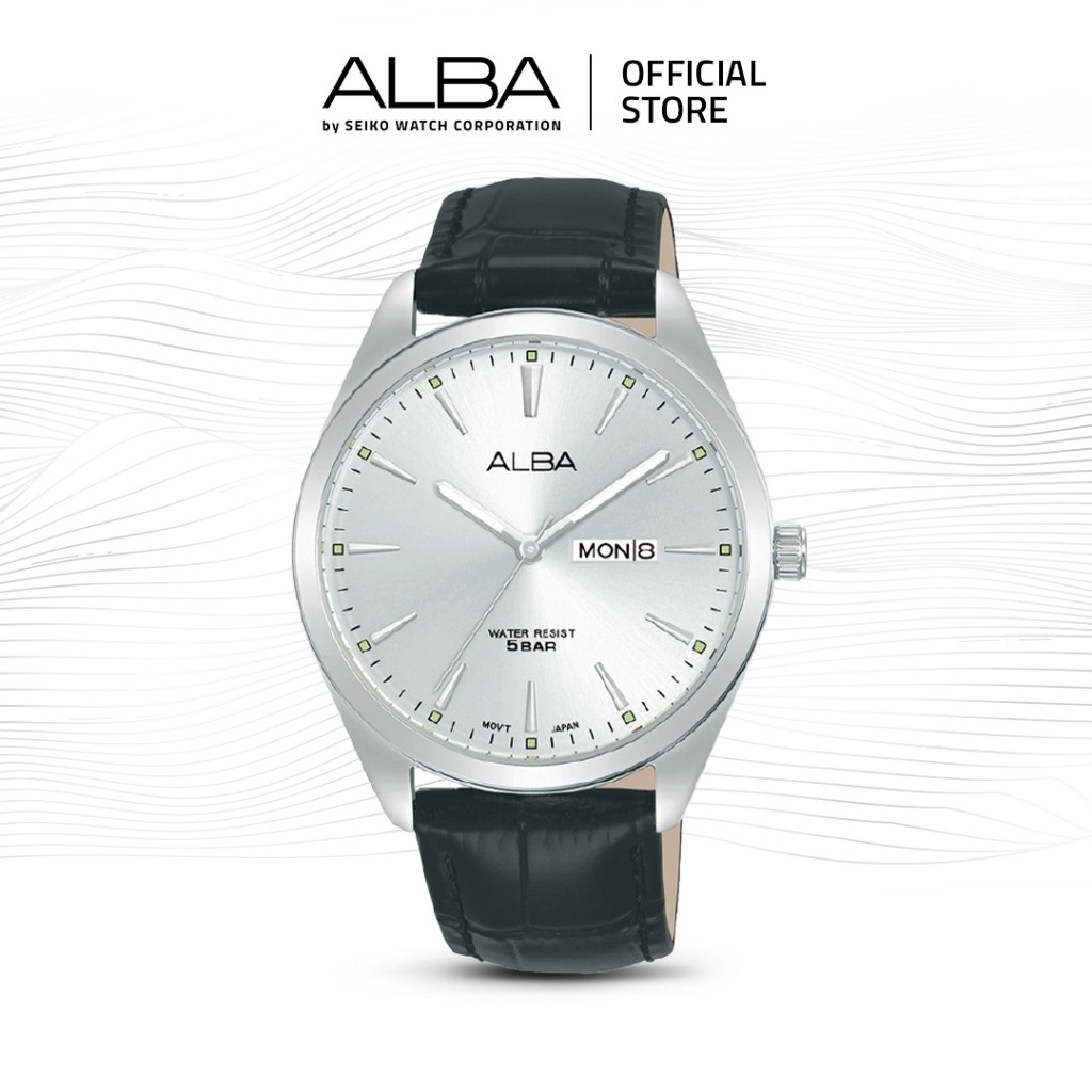 Alba Jam Tangan Pria AJ6193 / AJ6193X1 Quartz Silver Dial Black Genuine Leather Strap Watch