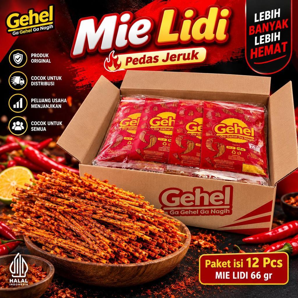 PAKET USAHA MIE LIDI GEHEL 66GR ISI 12PCS CAMILAN PEDAS MAKANAN RINGAN MILIDI PREMIUM
