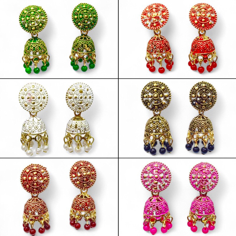 Anting IMPORT Khas INDIA, Multicolour Jhumka Earring Model Lonceng Bulat Etnik, Tipe Tusuk