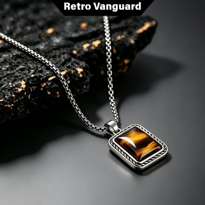 RV-1317 Kalung Titanium Baja Pria - Liontin Batu Akik Vintage - Anti Karat & Tidak Berubah Warna