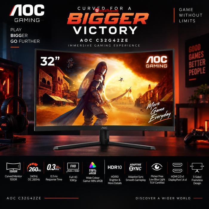 Monitor AOC C32G42ZE Monitor PC Gaming Komputer 32 Inch VA Curved Lengkung FHD 1080p 240Hz 260Hz 0.3