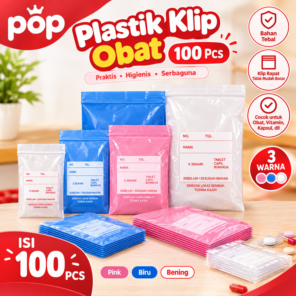 Plastik Klip Obat Apotek Pink Biru Bening Isi 100 Pcs Kantong Ziplock Mini Tebal Kuat Kemasan Pil Vi