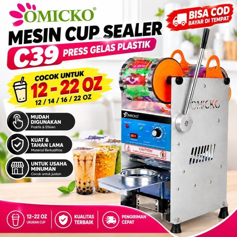 OMICKO C39 Mesin Cup Sealer 12-22 Oz, Alat Press Gelas Plastik untuk Minuman, Praktis untuk Usaha Bo