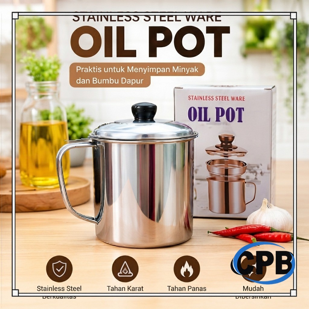 Tempat Penyaring Minyak Goreng Stainless Steel Oil Pot 1000ml 1300ml dengan Tutup dan Filter Saringa