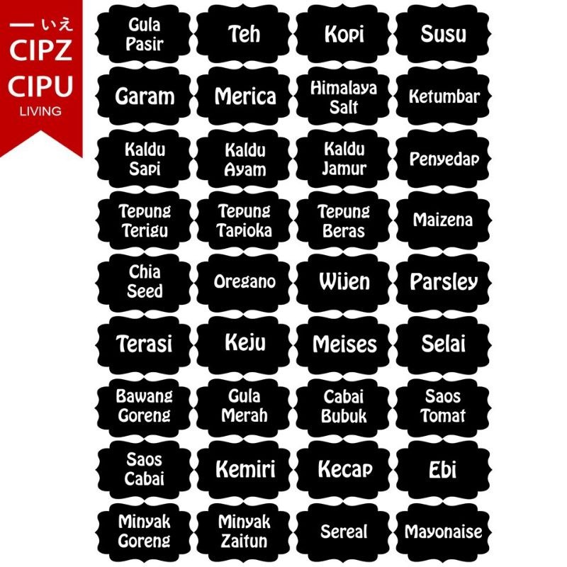 CipzCipu - Stiker Bumbu Dapur/Doff/Transparan (36Pcs Tulisan Sesuai Gambar/No Custom)