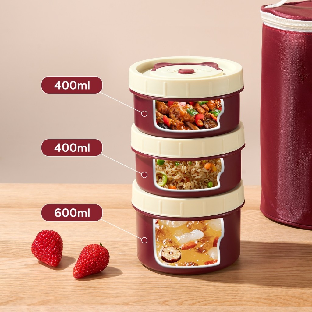 ecentio Lunch Box Set 3pcs Kotak Makan Siang Bento Portabel  Tahan Bocor Gaya Jepang Round Stainless