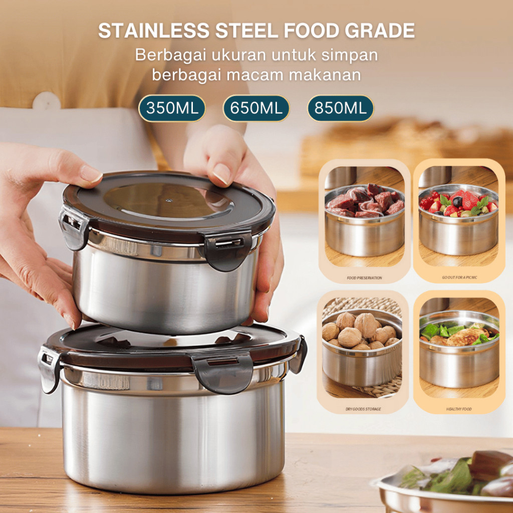 Lunch Box Bulat Stainless Foodgrade Toples Tupperware Anti Tumpah Food Storage Box