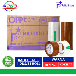 Rafichi Lakban Packing 1 Karton isi 54 Roll/Pcs Ukuran 45mm x 200yard Warna Bening Dan Coklat Tebal 