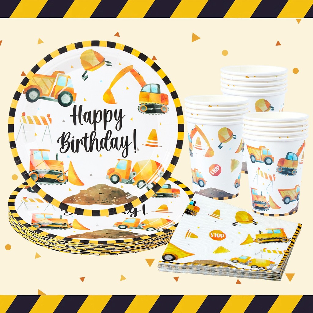Construction Party Disposable Tableware Birthday Decoration Boy Baby Shower Excavator Truck Tractor 