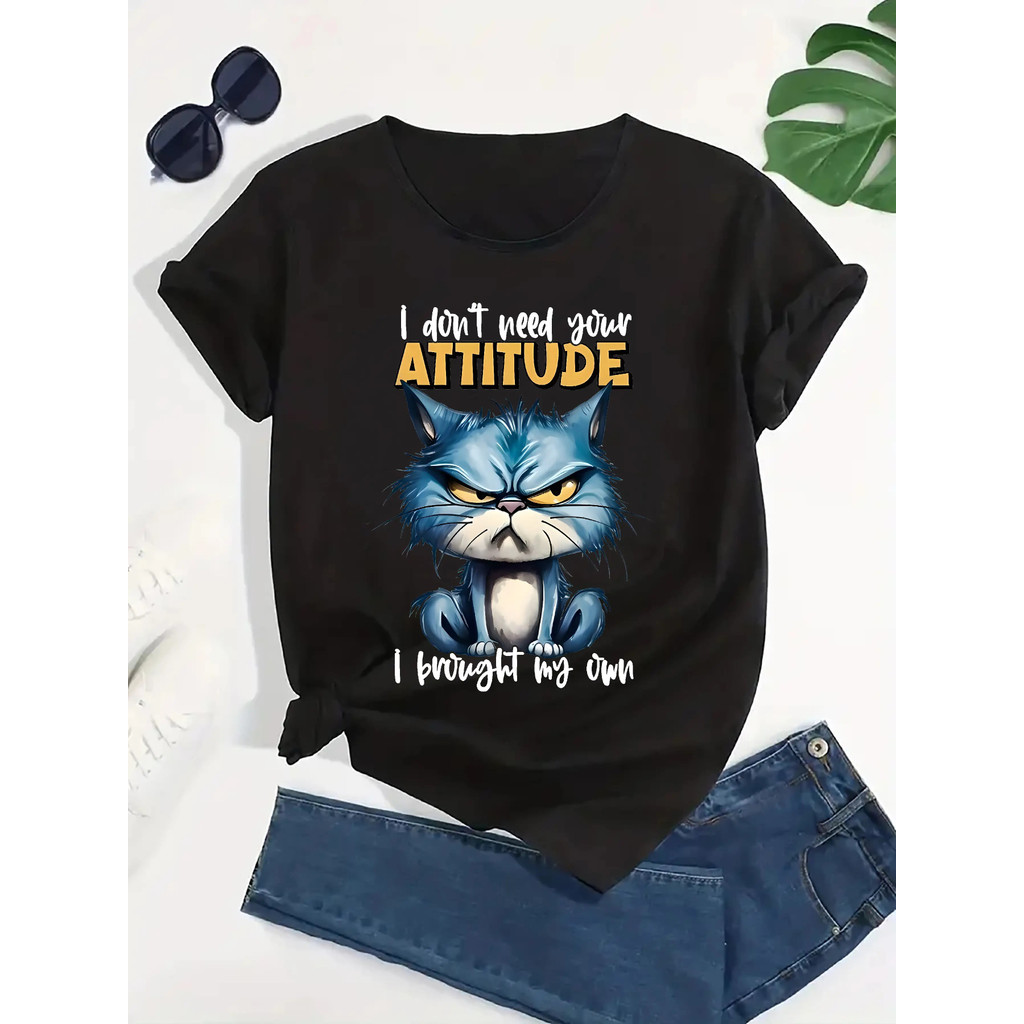 Plus Size Women's Graphic Print TShirtBold "I Don't Need Your Attitude" Sassy Cat Design, SoftBlend,