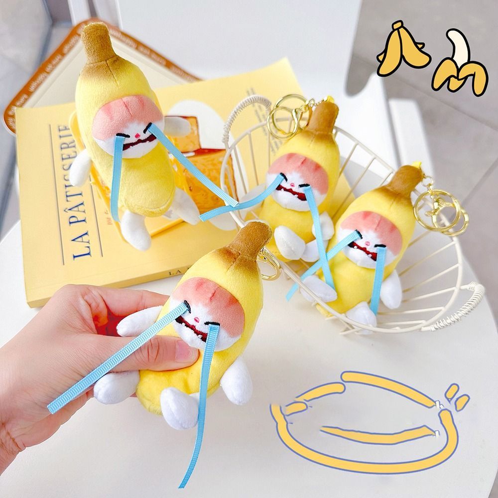Fashion with Cry Sound Banana Cat Voice Keychain Banana Cat Doll Funny Banana Key Chain Plush Banana