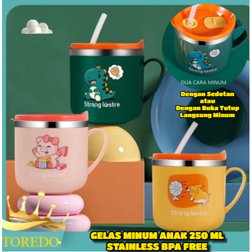Gelas Susu Stainless Sedotan Anak 250Ml Anti Pecah Bpa Free Gelas Minum Anak Gelas Susu
