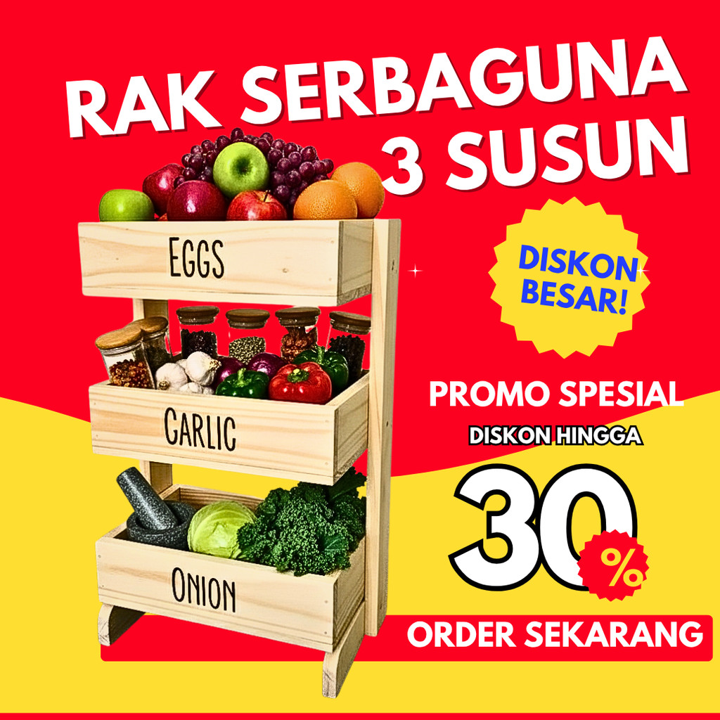 Rak Bawang Kayu 3 Susun / Rak Bumbu Serbaguna