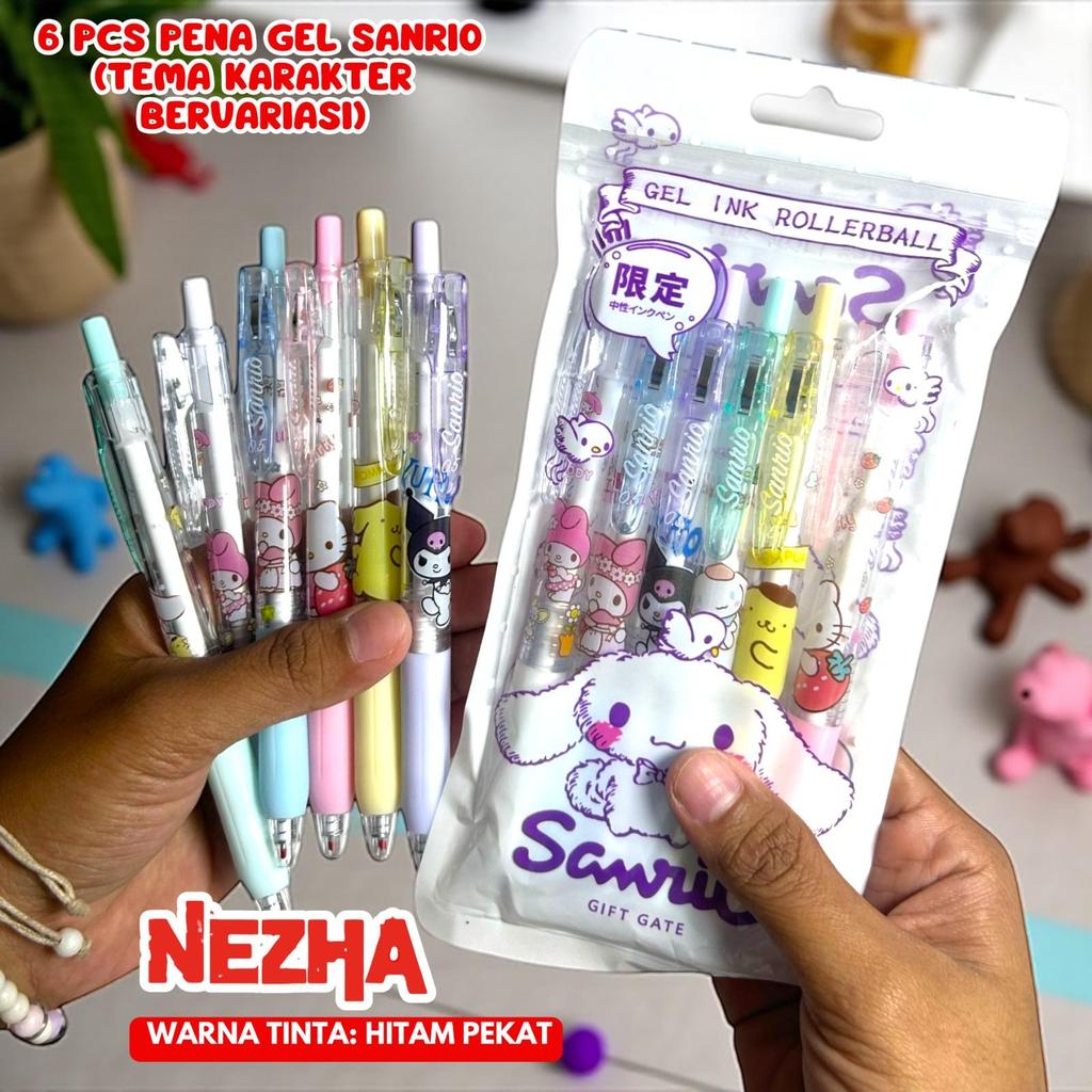 Pena Gel Mekanik 0.5mm Karakter 6 Pcs Aesthetic Pulpen Hitam Gift Gate Pulpen Gel Ink 6in1
