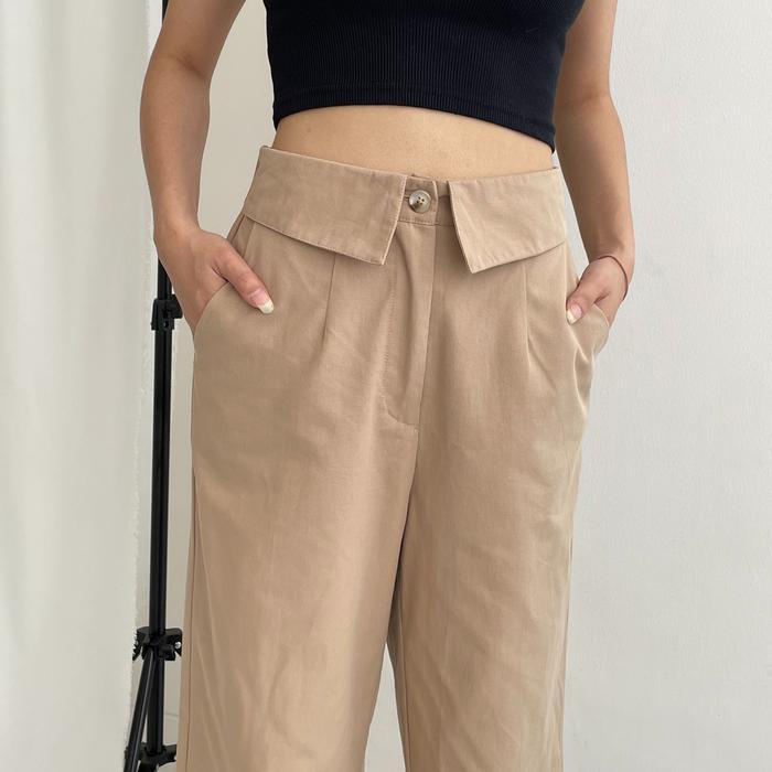 Peach Poppy REI Fold Pants Katun Premium - Celana Panjang Wanita Premium Karet - Khaki