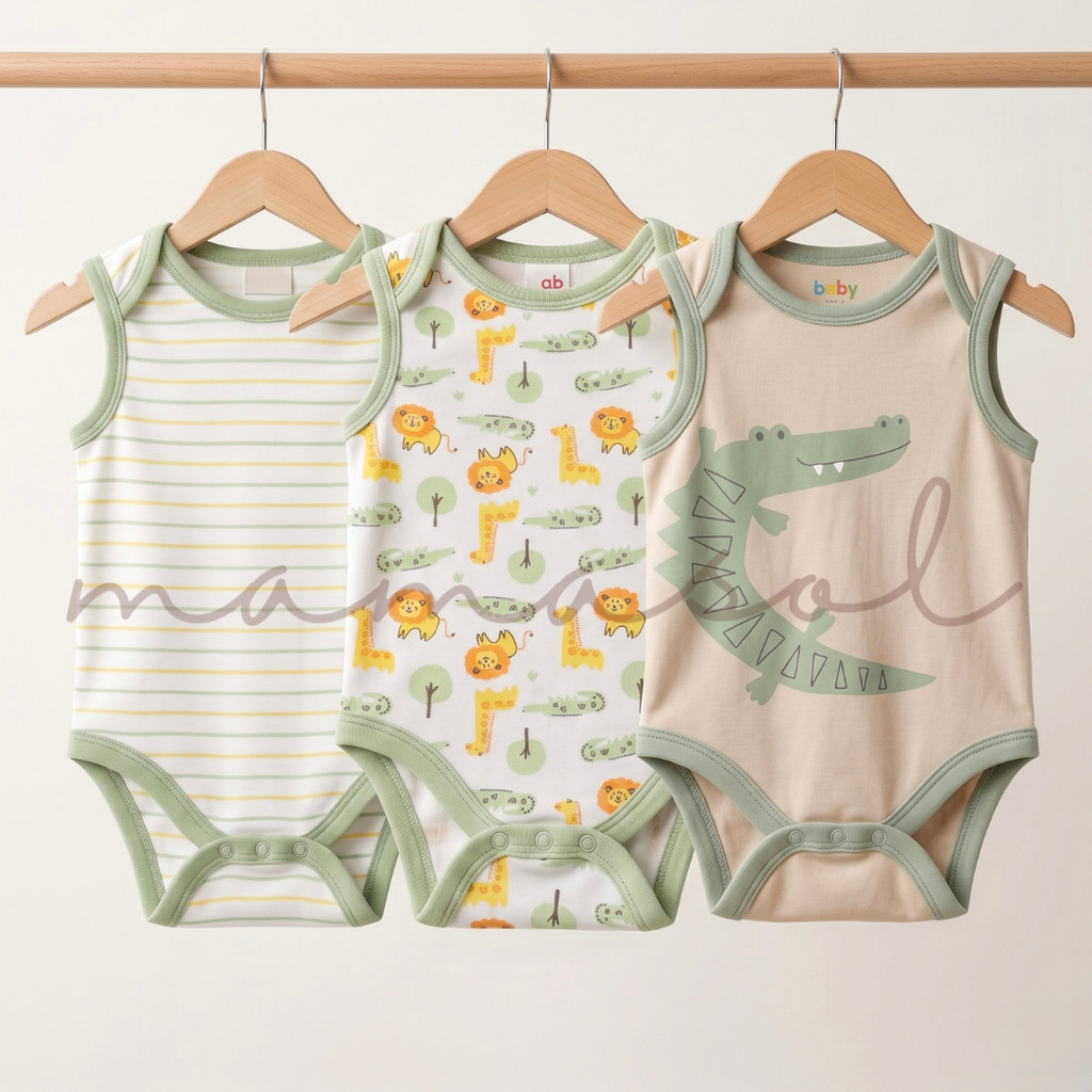 MAMASOL - Jumper Bayi Kutung 3pcs Unisex Bodysuit Sleeveless Katun Lembut 0-9bulan (3VS CROCO)