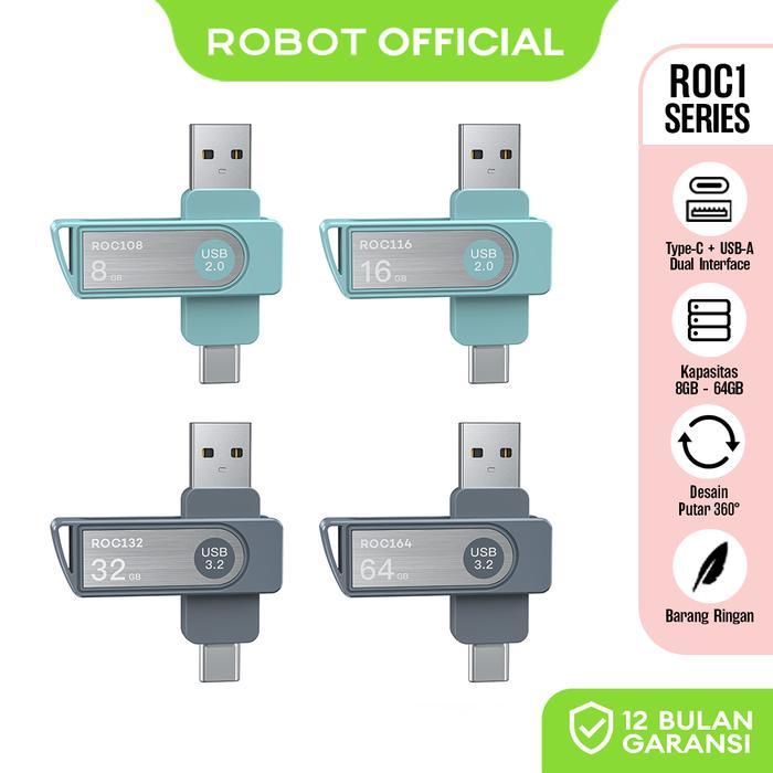 ROBOT Flashdisk Type ROC Original Dual OTG Interface USB and Type C Up to 70MB/s With Storage 8GB/16