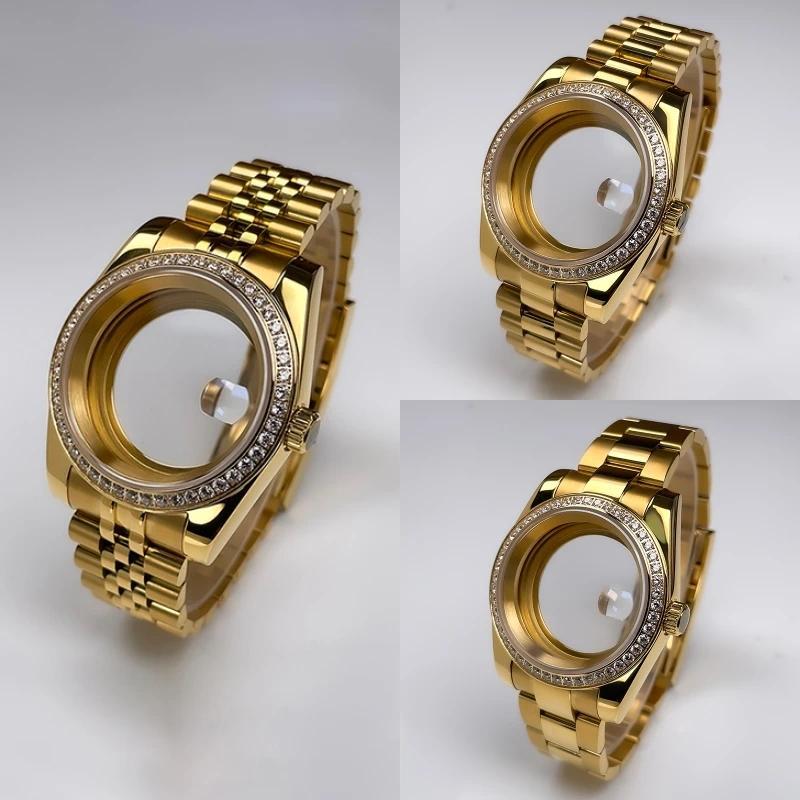 Aksesoris Jam Tangan Original 36mm/39mm NH35 Case DJ Yellow Gold Diamond Bezel Sapphire Glass For 28