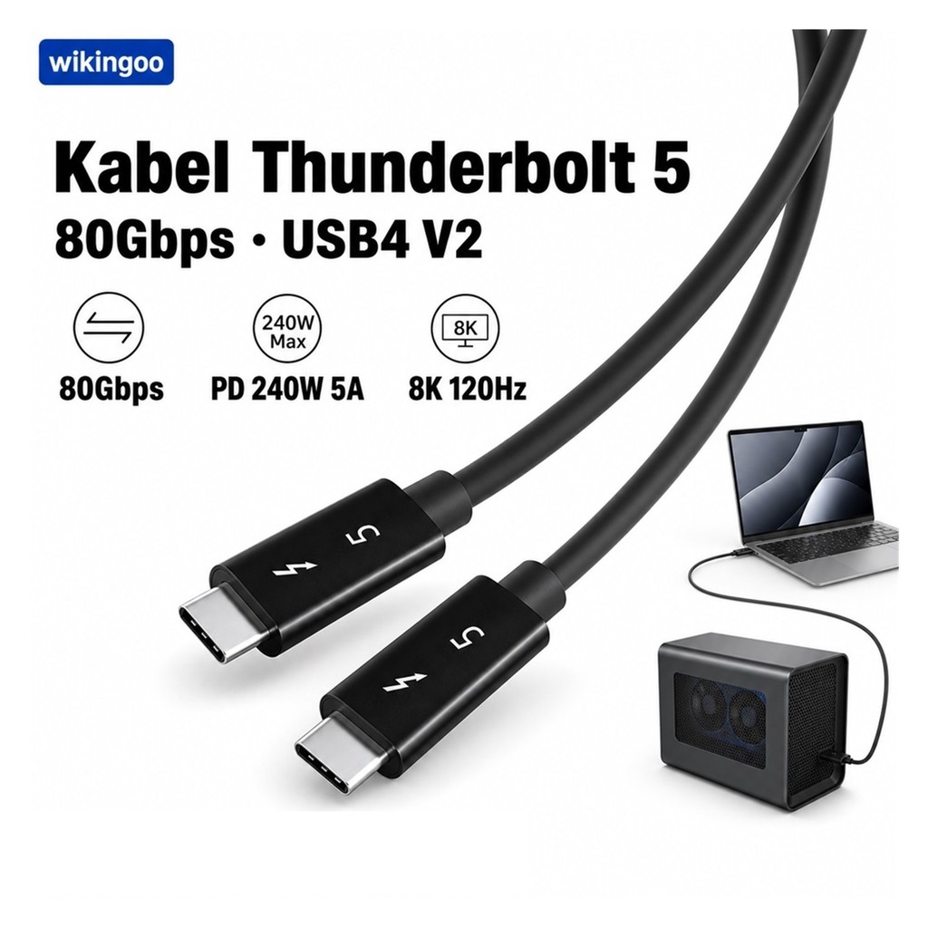 Thunderbolt 5 Cable 80Gbps USB4 V2 USB C PD 240W 5A Video 8K 120Hz untuk Laptop Monitor eGPU Box Doc