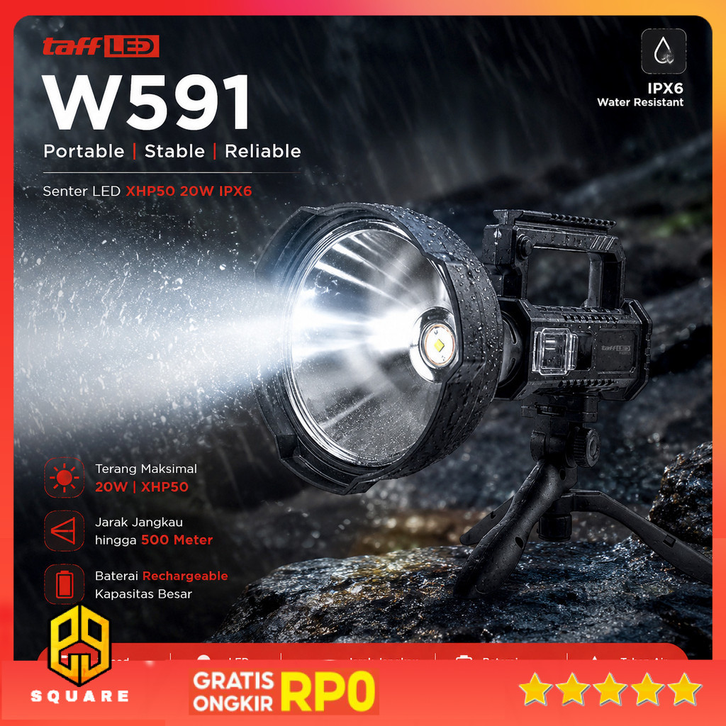 TaffLED Senter LED XHP50 Tripod Rechargeable Waterproof IPX6 20W - W591 Original 99 Square