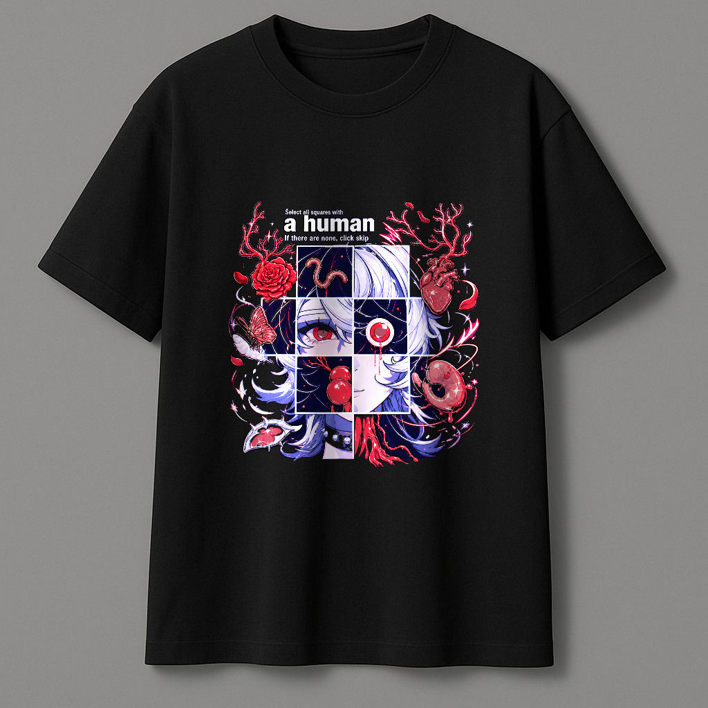 Kaos Pendek Motif Anime Gothic Surreal Dengan Mawar, Mata Merah, Jantung, Kupu-Kupu Dan Rambut Biru,