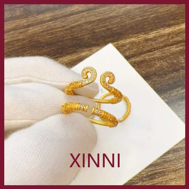 XINNI Cincin Emas Emblem Cincin Inlaid Pasir Emas Gaya Pasangan Cincin Terbuka Cincin Hoop Emas Cinc