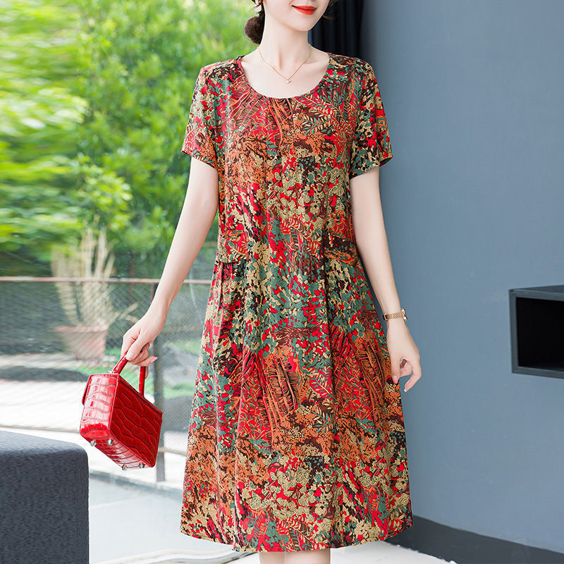Gaun lengan pendek katun sutra wanita dewasa madya ukuran besar dan longgar