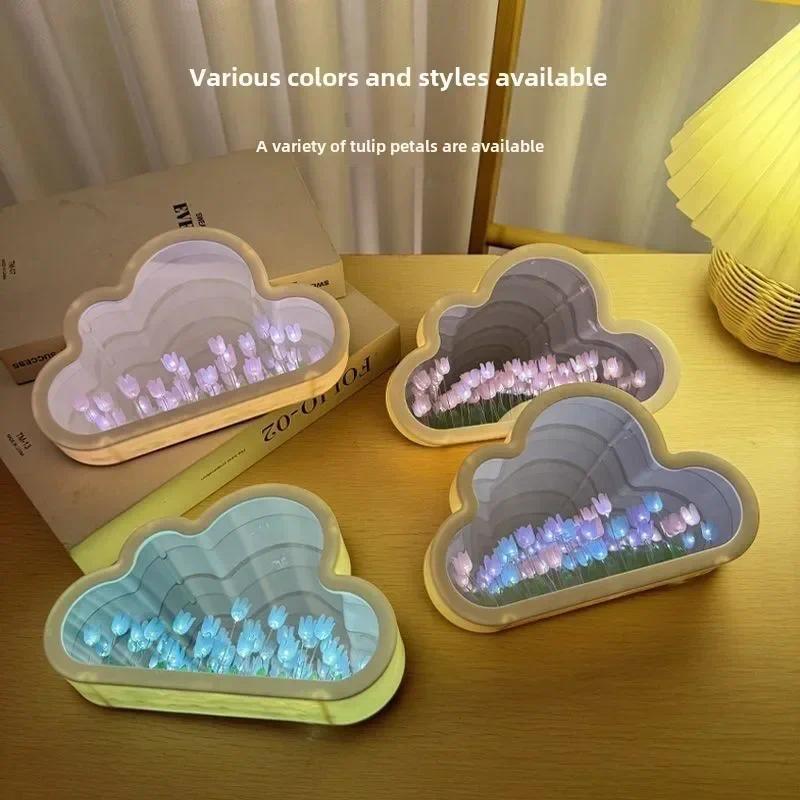 Cloud Tulip Night Light Handmade Material Flower Mirror Creative Atmosphere Lamp  Birthday Gift Home