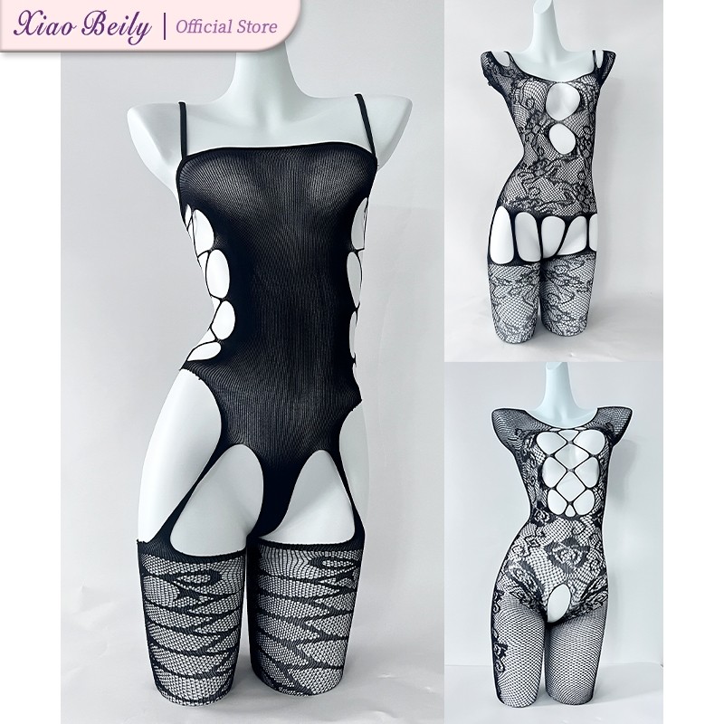 XiaoBeily Fishnet Terbuka Crotch Bodysuit Stockings Seksi Lingerie Nighties Seks Gaun Jumpsuit Untuk