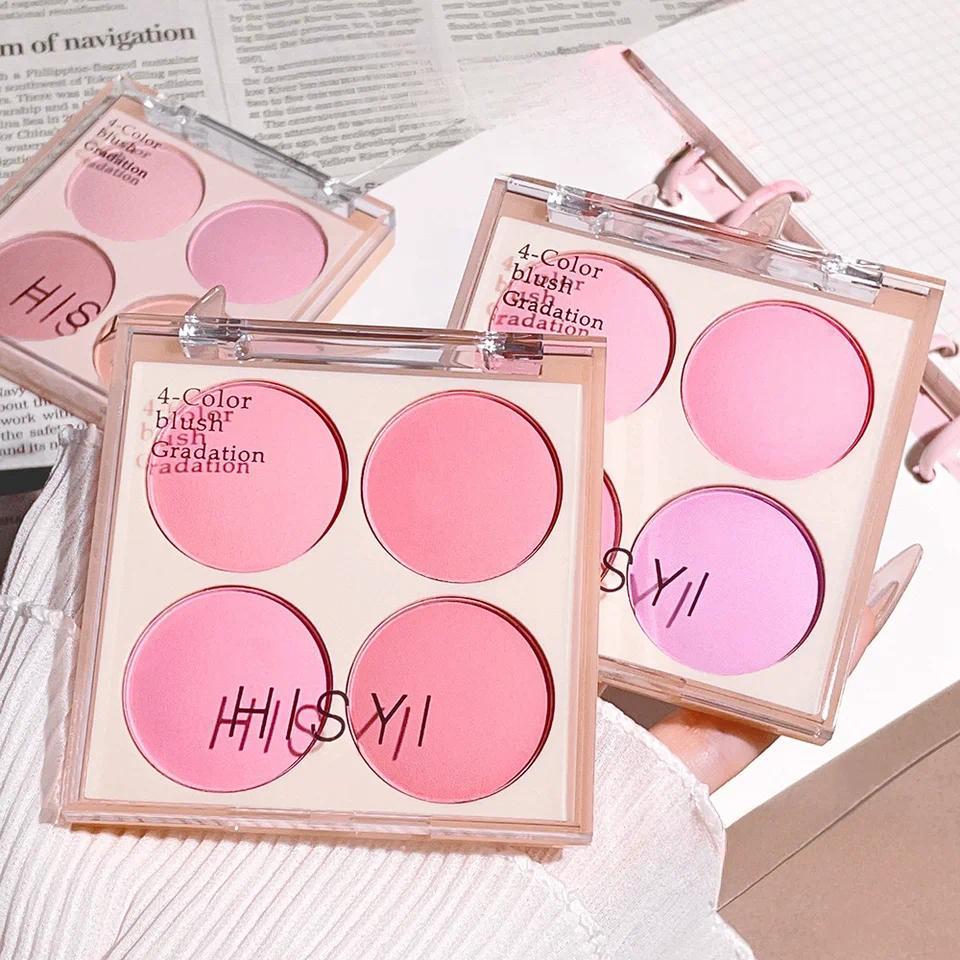 4-color matte blush, peach pink, coral blush powder, Korean low saturation soft fog blush, can light