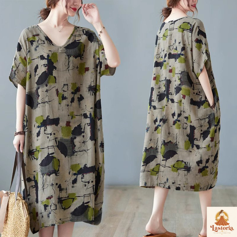LC556 Premium Mini Dress Katun Linen Motif Retro Terbaru Lastoria Fashion
