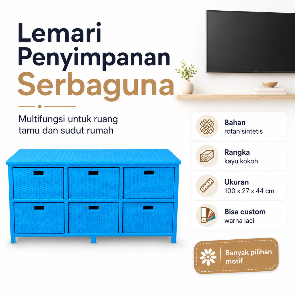 Laci Penyimpanan Rotan Sintetis 6 Laci Model Buffet TV Memanjang