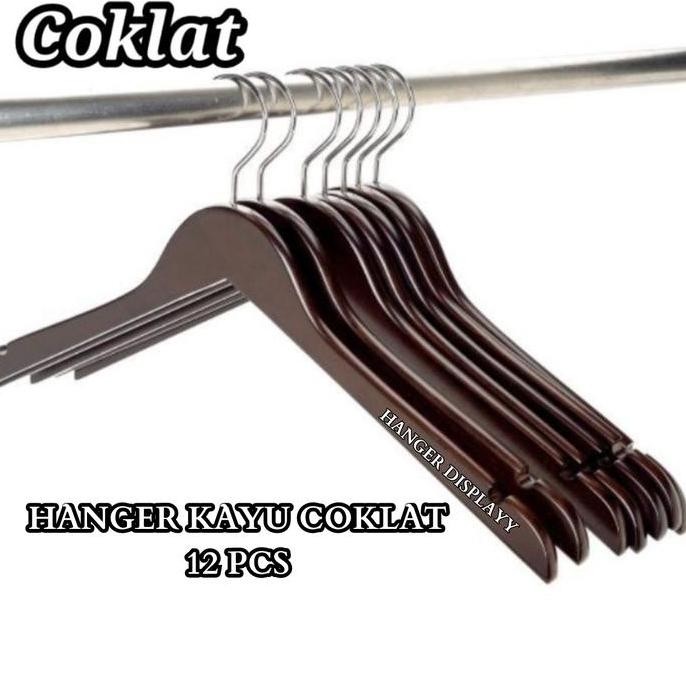 Newe- Hanger Kayu Desa (Wood) Rna Coklat 1 Lusin / Gantungan Baju Butik Distro / Hanger ( Isi 1 Pcs)