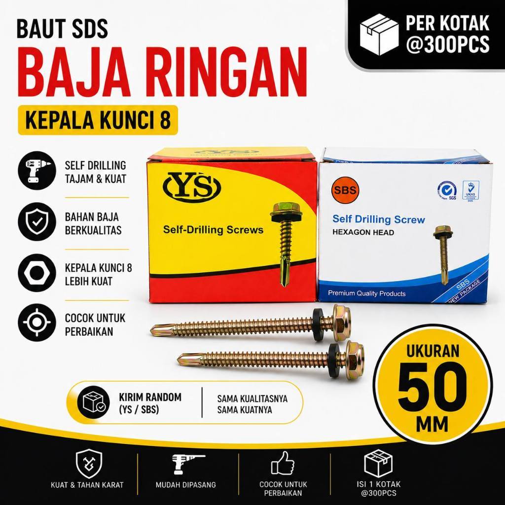 PERKOTAK - Baut SDS Baja Ringan Seng Roofing YS SBS 50 MM / Self Drilling Screw