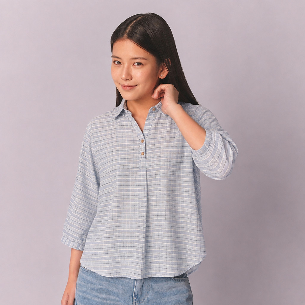 Rilley- Kemeja Sunday Blue Shirt Wanita Motif Plaid Lengan 7/8 Casual Premium