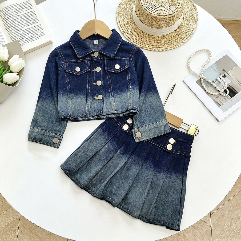 Girls' Denim Outfit New Autumn Gradient Color Denim Jacket and Skirt