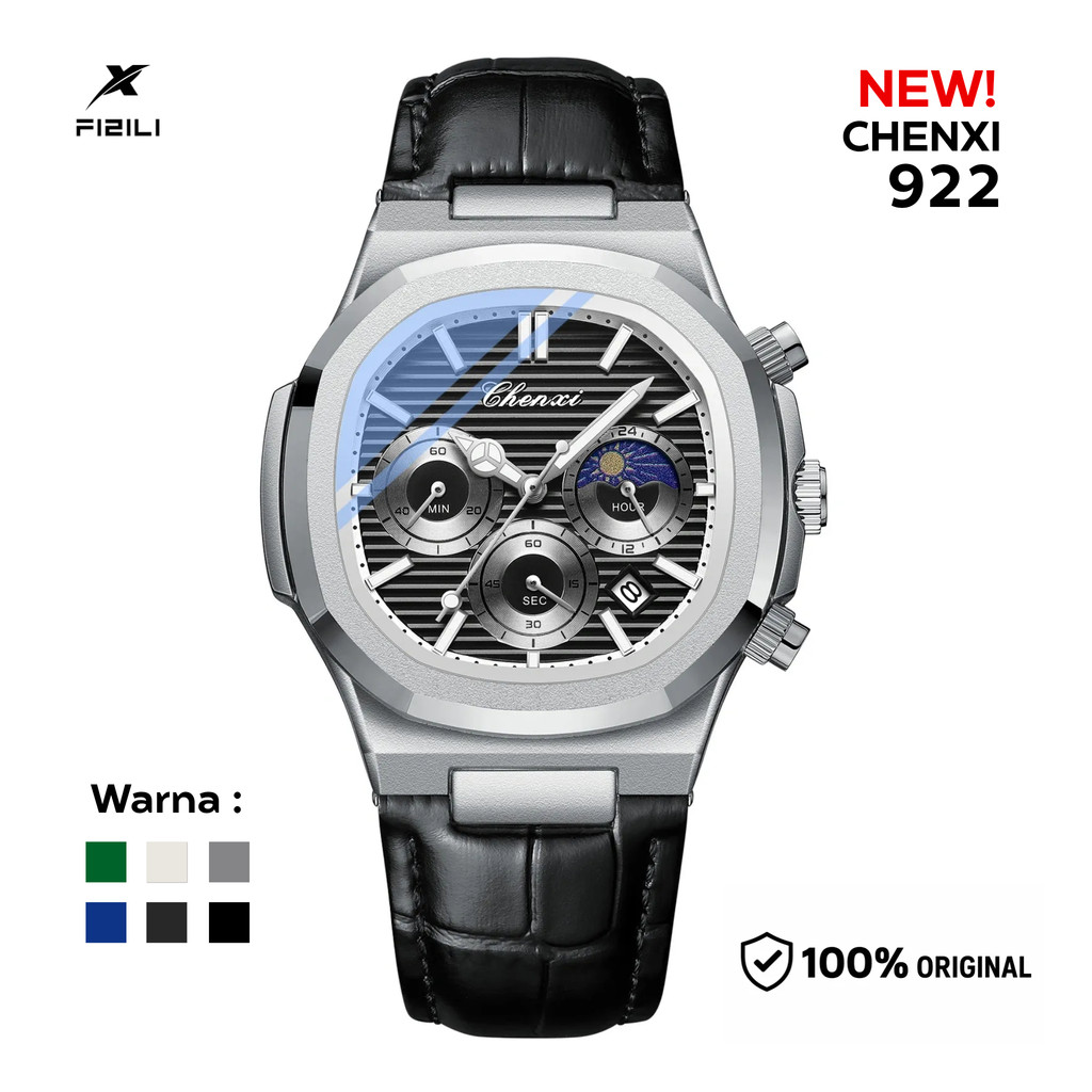 Jam Tangan Pria CX 922 Baterai Kalender Chronograph Moonphase Quartz Watches Kulit Formal Casual