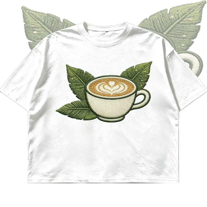 Kaos Oversize Wanita Motif Cangkir Kopi Latte Art Cotton Combed Lengan Pendek Krem