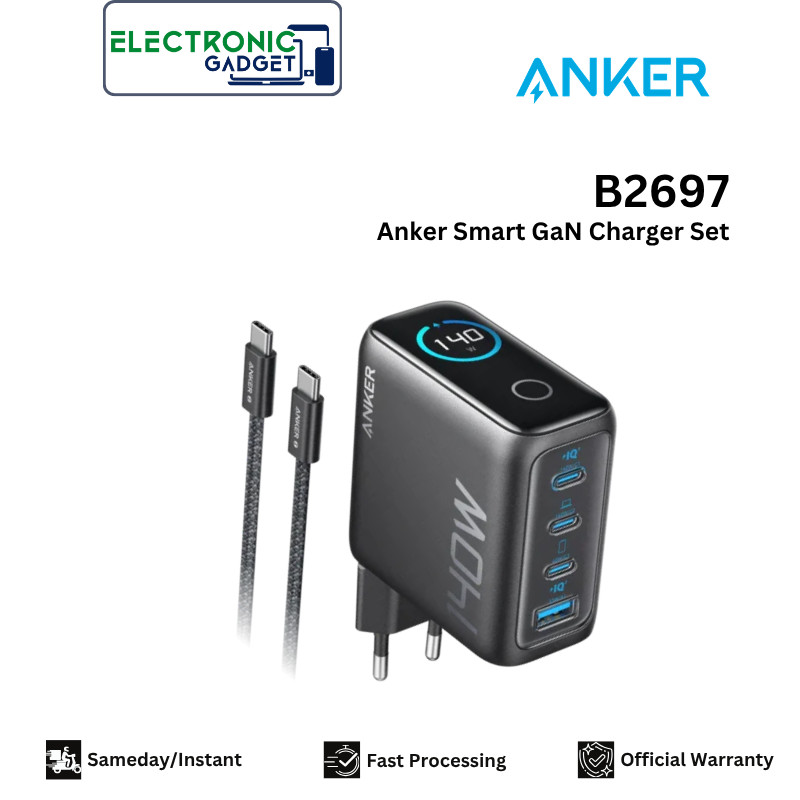 Anker GaN Charger Smart Digital Display 140W PD PPS 4 Port USB Type A/C - A2697