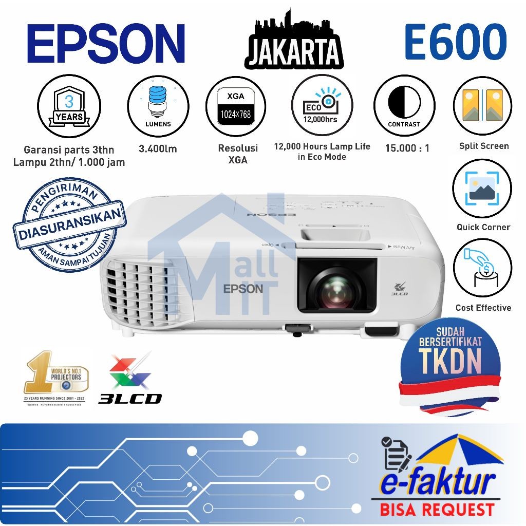 Telecomp1 Welcome to Telecomp1 MALLIT EPSON  Proyektor EPSON EB-E600 EBE600 EB E600 XGA 3LCD 3400 Lu