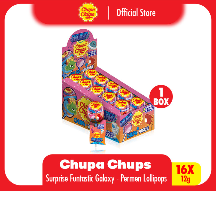 Chupa Chups Lollipops Surprise Toys Funtastic Galaxy 12g - Permen Lolipop Rasa Stroberi  1 Box